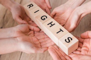cropped view of group holding wooden cubes with rights lettering  clipart