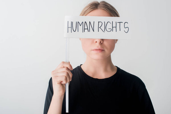 woman holding flag with human rights lettering isolated on white