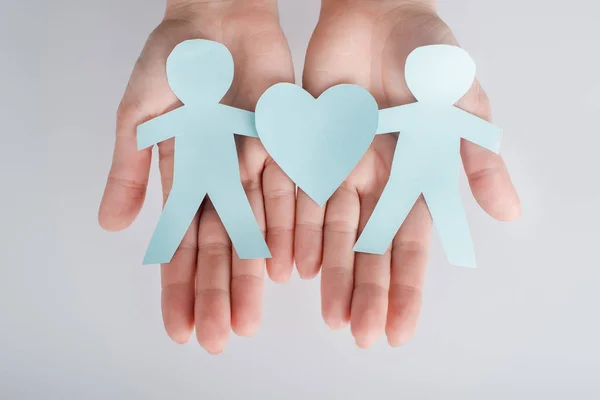 Top View Woman Holding Figures People Cut Paper Heart Human — Stock Photo, Image