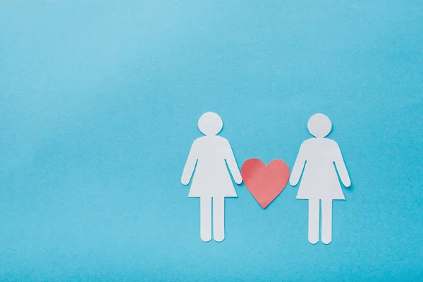 Верхний Вид Бумаги Вырезать Цифры Гомосексуальной Пары Сердцем Изолированы Синий — стоковое фото