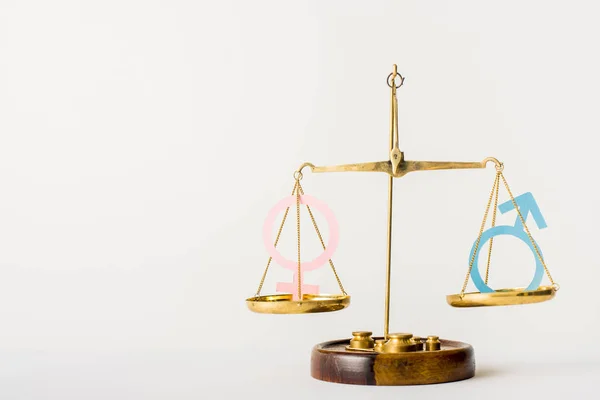 Golden Justice Scale Different Genders Isolated White Sexual Equality Concept — Stock Photo, Image