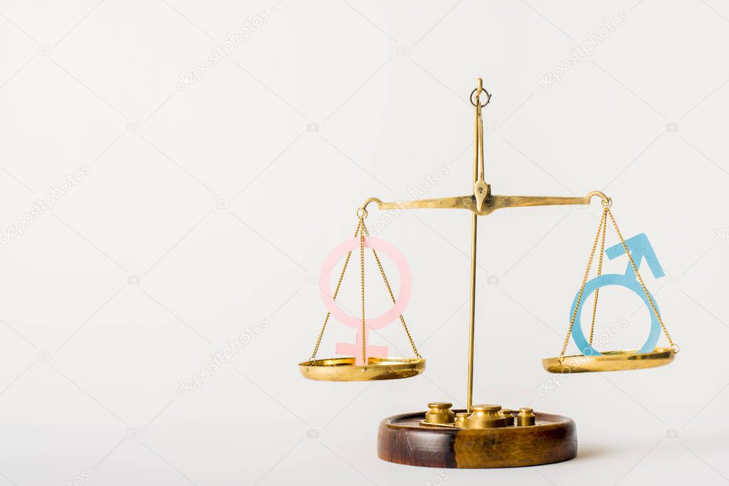 golden justice scale with different genders isolated on white, sexual equality concept 