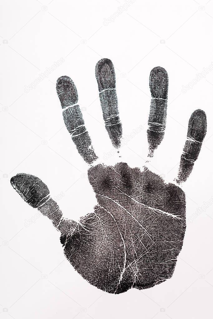 top view of print of hand isolated on white, human rights concept 