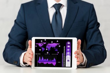 cropped view of businessman holding digital tablet with world map, charts and graphs on screen on white 