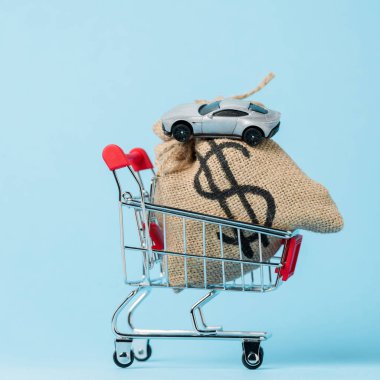 small shopping cart with dollar bag and toy car on blue, leasing concept