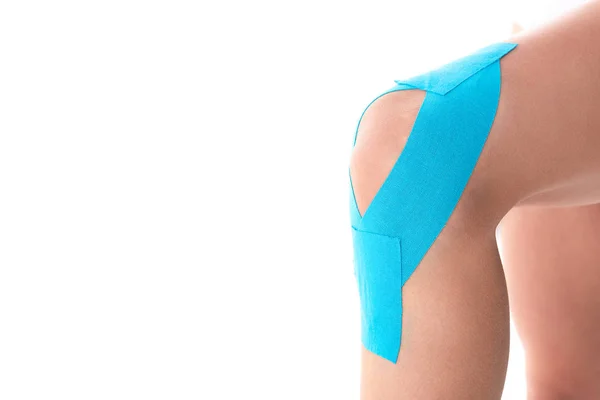 Cropped View Kinesiology Tapes Knee Woman Isolated White — Stock Photo, Image