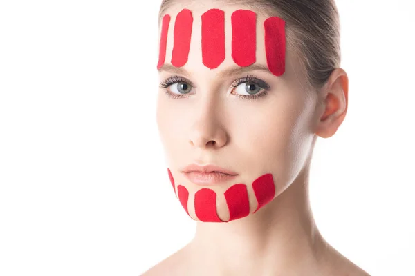 Beautiful Girl Kinesiology Tapes Chin Forehead Looking Camera Isolated White — Stock Photo, Image