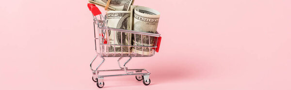 panoramic shot of toy shopping trolley with dollar banknotes on pink, leasing concept 