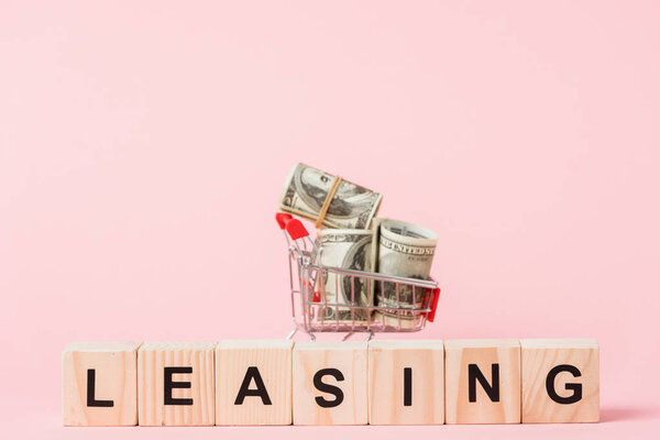 корзина с долларовыми купюрами рядом с деревянными кубиками с лизинговыми надписями на розовом
 