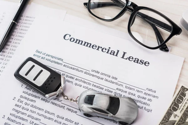 Top View Document Commercial Lease Lettering Toy Car Money Glasses — 스톡 사진