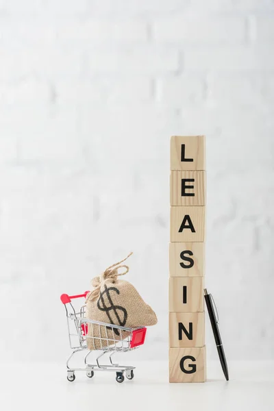 Wooden Cubes Leasing Lettering Toy Shopping Cart Dollar Bag White — Stock Photo, Image