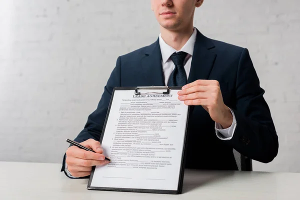 Cropped View Realtor Holding Clipboard Lease Agreement Lettering White — 图库照片