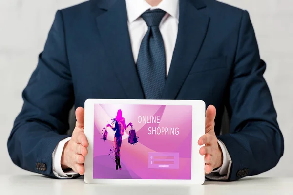 Cropped View Businessman Suit Holding Digital Tablet Online Shopping Screen — ストック写真