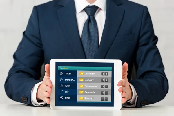 Cropped View Businessman Holding Digital Tablet Sportbets Screen White — Stock Photo, Image