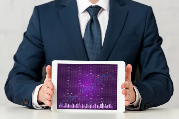 Cropped View Businessman Holding Digital Tablet Charts Graphs Screen White — Stockfoto