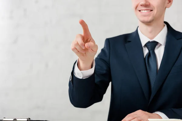 Cropped View Happy Realtor Pointing Finger White Leasing Concept — Stock Photo, Image