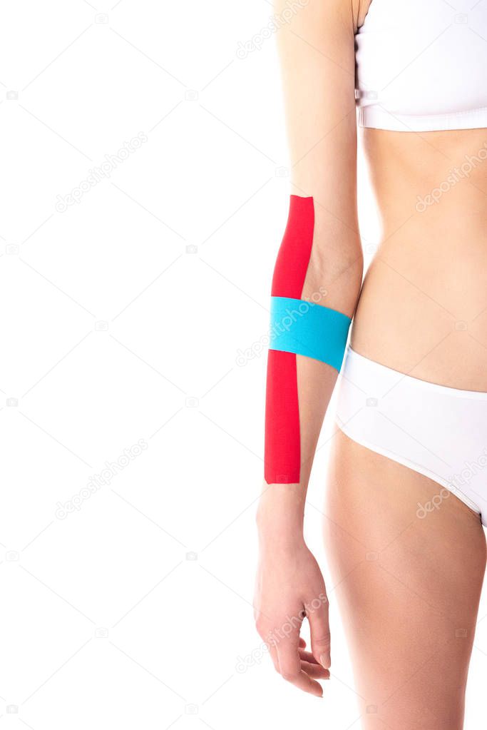 Cropped view of girl in underwear with kinesiology tapes on hand isolated on white