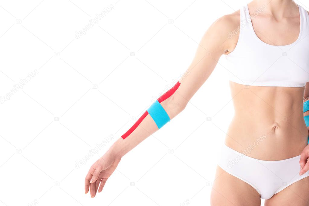 Cropped view of woman with kinesiology tapes on hands isolated on white