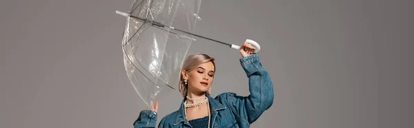 Panoramic Shot Attractive Woman Denim Jacket Holding Umbrella Isolated Grey — Stock Photo, Image