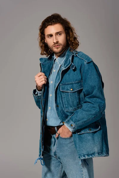 Handsome Stylish Man Denim Jacket Hand Pocket Isolated Grey — Stock Photo, Image