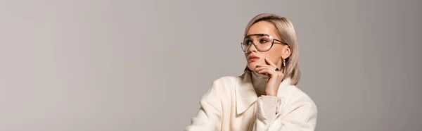 Panoramic Shot Attractive Woman White Coat Looking Away Isolated Grey — Stock Photo, Image