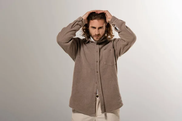Handsome Man Shirt Touching Head Grey Background — Stock Photo, Image