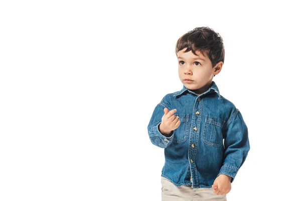 Adorable Boy Denim Shirt Looking Away Isolated White — Stockfoto