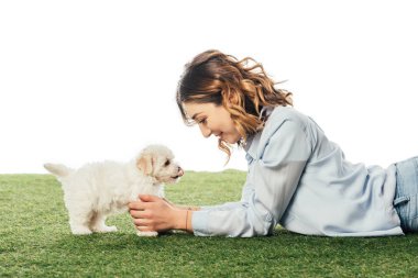 side view of smiling woman looking at Havanese puppy isolated on white