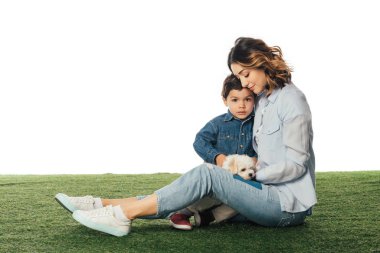 smiling mother and son sitting on grass with Havanese puppy isolated on white