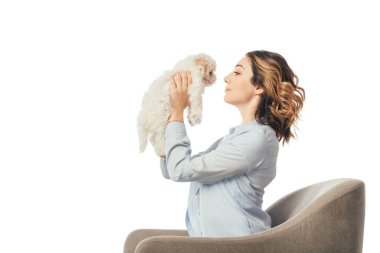 side view of woman holding Havanese puppy and sitting on armchair isolated on white