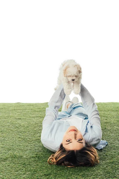 Smiling Woman Lying Grass Holding Havanese Puppy Isolated White — 스톡 사진