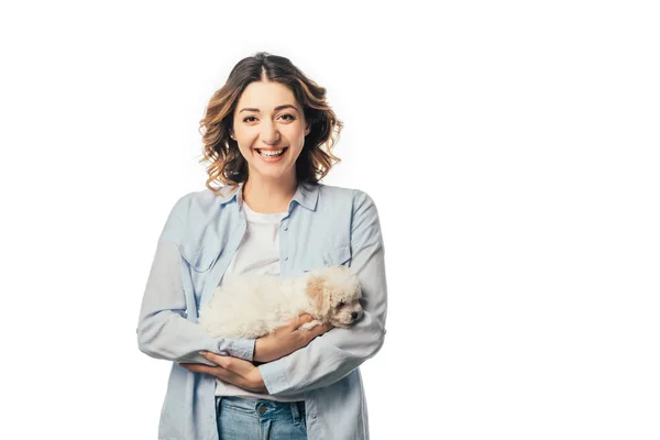 Smiling Woman Holding Cute Havanese Puppy Isolated White — Stock Photo, Image