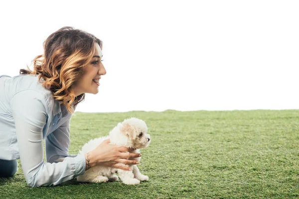 Side View Smiling Woman Holding Havanese Puppy Isolated White — 스톡 사진