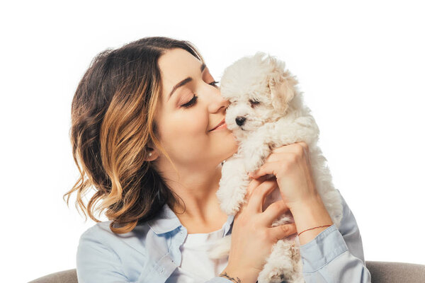 Smiling Woman Holding Cute Havanese Puppy Isolated White — Stock Photo, Image