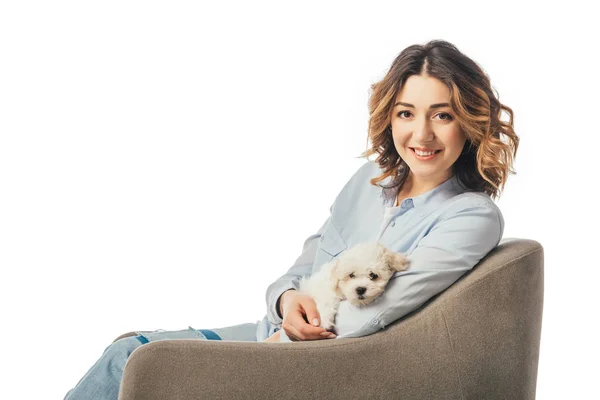Smiling Woman Holding Havanese Puppy Sitting Armchair Isolated White — Stock Photo, Image