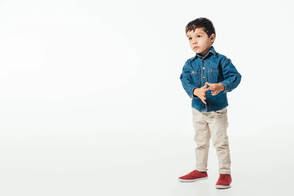 Schattig Jongen Denim Shirt Weg Kijken Witte Achtergrond — Stockfoto