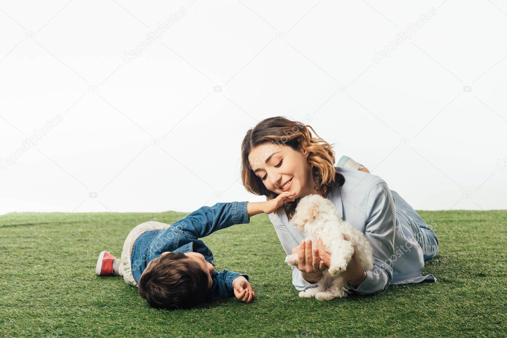 smiling mother holding Havanese puppy and son stroking it isolated on white