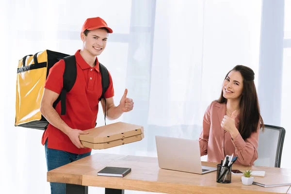 Delivery Man Pizza Boxes Showing Thumbs Gesture Businesswoman Table — Stock Photo, Image