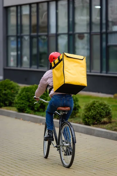 Achteraanzicht Van Koerier Met Thermo Rugzak Paardrijden Fiets Stedelijke Straat — Stockfoto