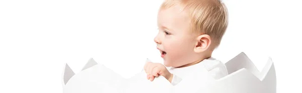 Lindo Niño Con Boca Abierta Dentro Cáscara Huevo Aislado Blanco — Foto de Stock