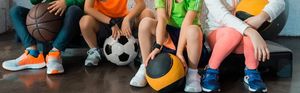 Spor Salonunda Topları Panoramik Görüntüsü Olan Çocukların Adım Platformlarında Oturması — Stok fotoğraf