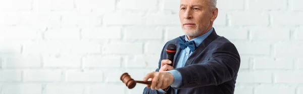 Panoramic Shot Auctioneer Holding Microphone Pointing Gavel Auction — Stock Photo, Image