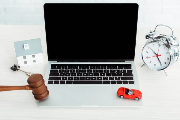 Wooden Gavel Models Car House Key Laptop Alarm Clock Table — Stock Photo, Image