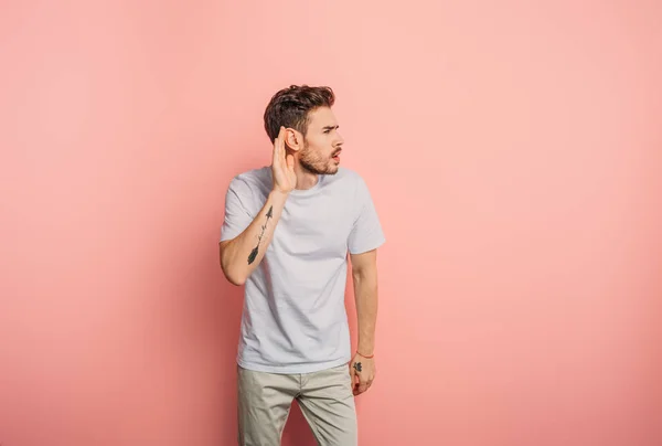 Confused Young Man Showing Cant Hear Gesture Holding Hand Ear — Stock Photo, Image