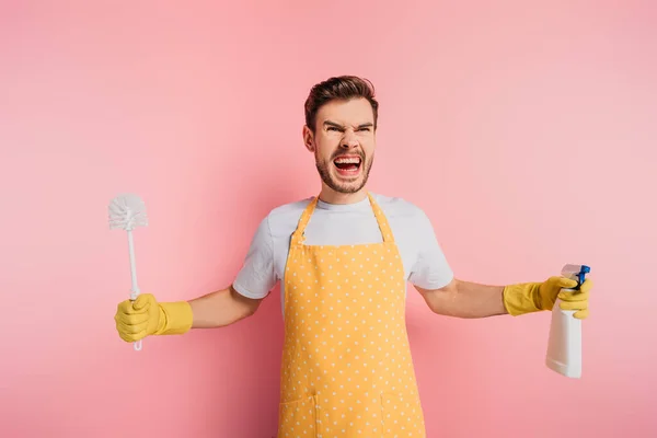Aggressive Young Man Apron Rubber Gloves Holding Toilet Brush Spray — Stock Photo, Image