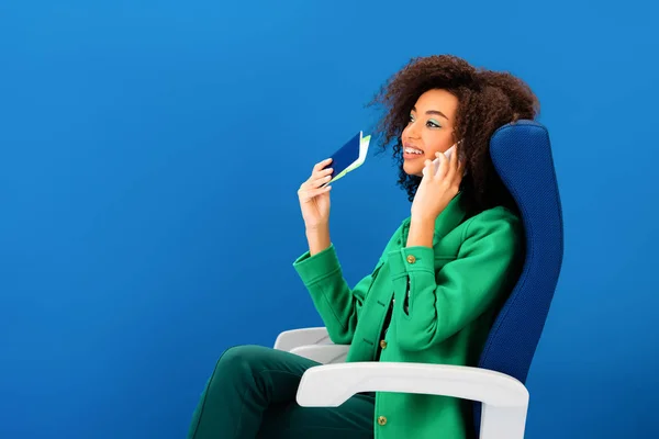 Smiling African American Woman Talking Smartphone Holding Passport Air Ticket — Stock Photo, Image