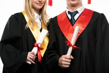 Front view of students holding diplomas isolated on white clipart