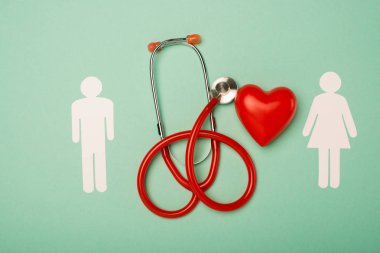 Stetoskop manzarası, yeşil arka planda erkek ve kadın sembolleri olan dekoratif kırmızı kalp, dünya sağlık günü konsepti.