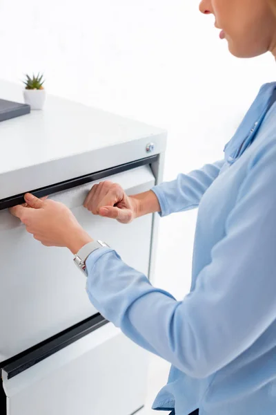 Cropped View Businesswoman Opening Cabinet Driver Isolated White — 스톡 사진