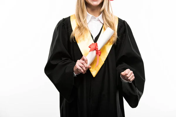 Diplomayı Elinde Tutan Öğrencinin Görünüşü Beyaz Üzerine Izole Edilmiş — Stok fotoğraf